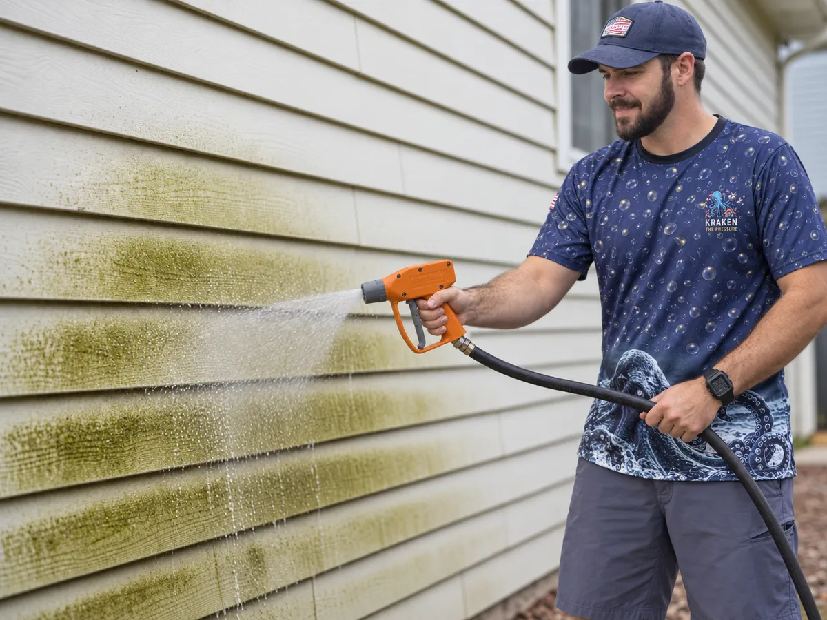 Kraken technician soft washing two-story Lakeland home exterior without damaging painted surfaces or landscaping