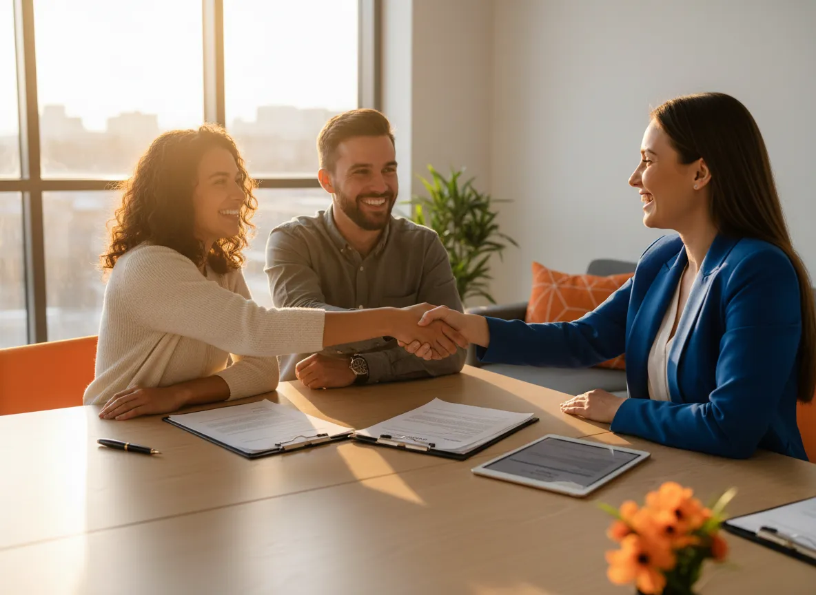 Couple receiving keys at real estate closing