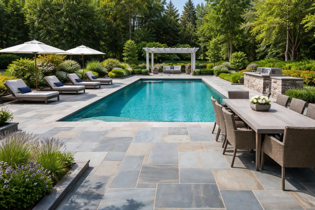 Finished luxury pool with water features and stone deck