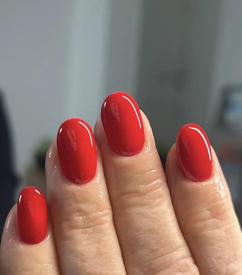 Glossy scarlet red nails, by Beauty by Amy