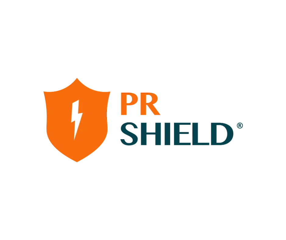 PR Shield logo featuring a protective shield with a lightning bolt, representing reputation management and crisis communication services for businesses.