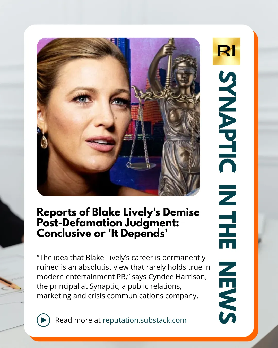 Graphic featuring Blake Lively alongside a justice statue discussing reputation recovery after a defamation judgment and crisis communications impact