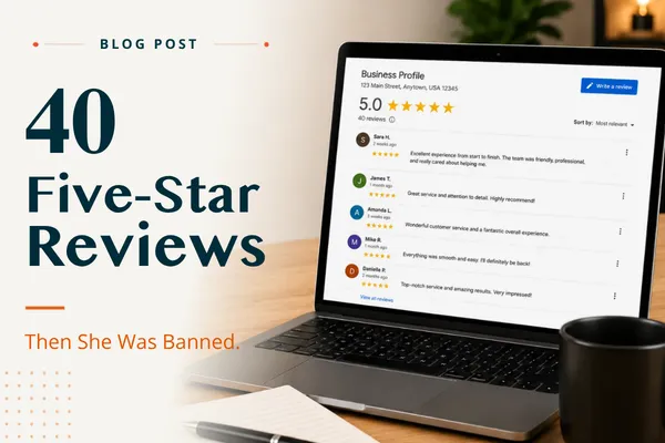 Blog graphic about Google review best practices featuring a laptop displaying a Google Business Profile and customer reviews.