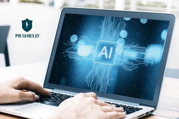 Computer with a background that reads "AI"
