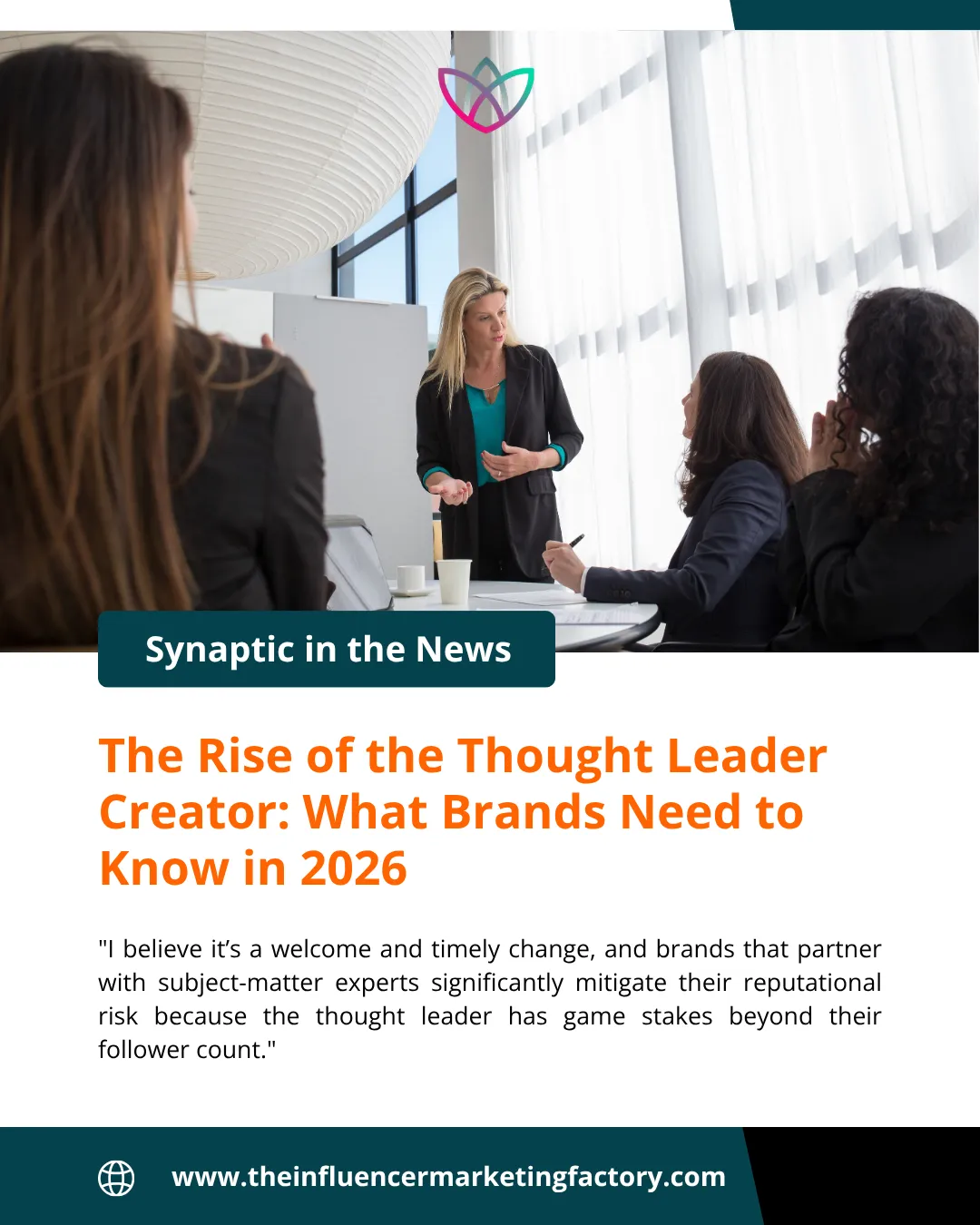 Business professional leading a meeting, representing a thought leader creator building audience trust