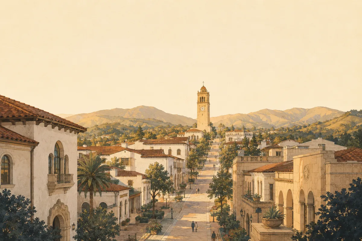 Golden-hour view up State Street in downtown Santa Barbara toward the Santa Ynez foothills, a landmark clock tower catching the light.