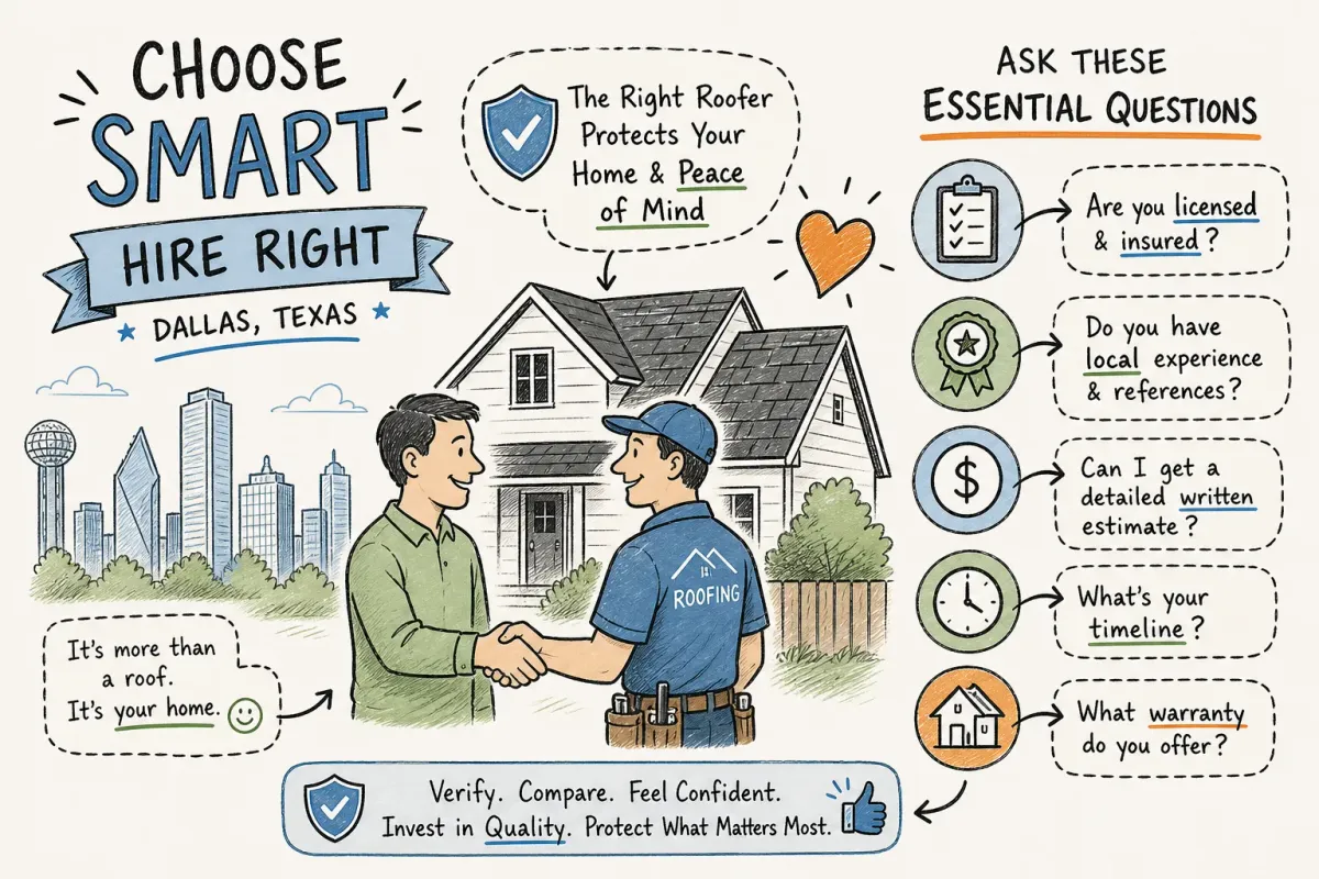 Illustrated checklist of questions to ask when choosing a roofer in Dallas, Texas
