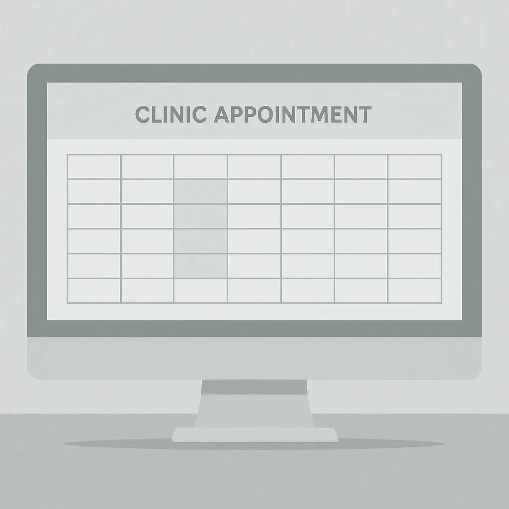 A computer screen displaying a digital clinic appointment schedule with blank time slots and grid layout. Represents the need for efficient booking systems in physiotherapy and chiropractic clinics using AI-powered automation.