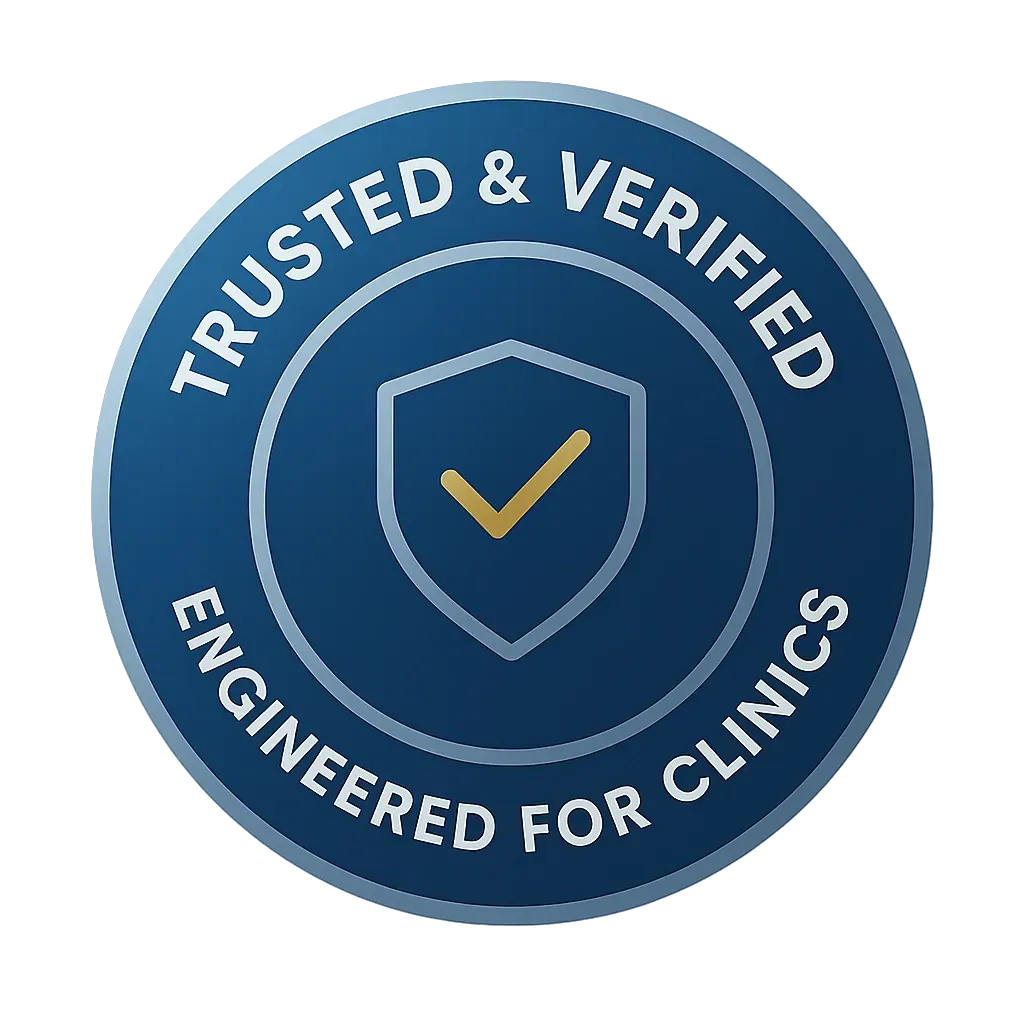 A round blue badge with a shield and checkmark icon in the center, featuring the text “Trusted & Verified” at the top and “Engineered for Clinics” at the bottom. Represents FPM AI’s credibility and tailored automation systems built specifically for chiropractic and physiotherapy clinics.