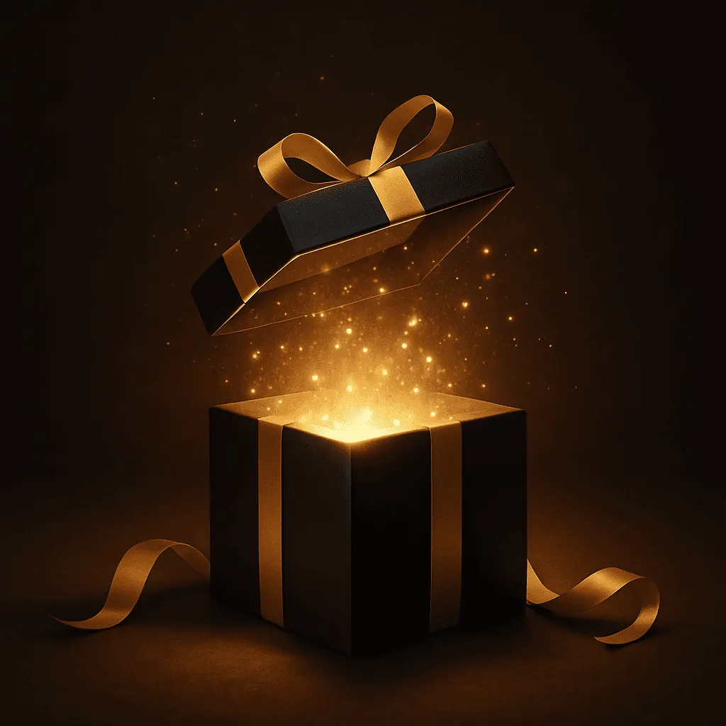 A black gift box with a gold ribbon glows from within as its lid floats open, releasing sparkling light. Represents the exclusive bonus gifts unlocked when booking a business diagnosis call with FPM AI, designed to add immediate value for chiropractic and physiotherapy clinics.