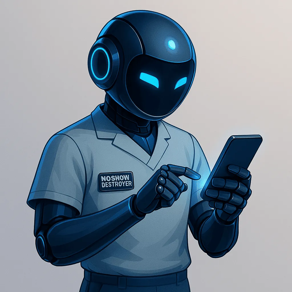 A futuristic robot in medical scrubs labeled “No-Show Destroyer” uses a smartphone, symbolizing AI-powered appointment confirmation and follow-up systems that reduce patient no-shows in chiropractic and physiotherapy clinics.