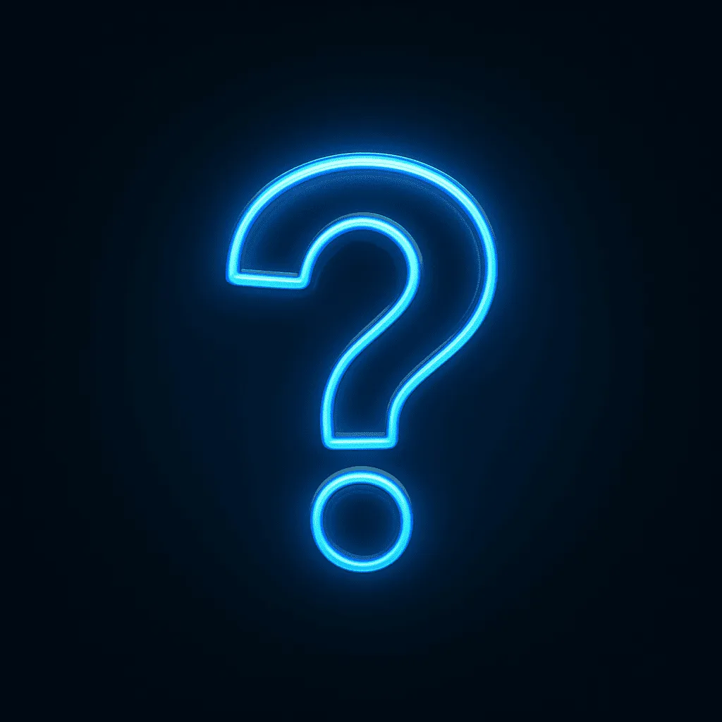 A glowing blue neon question mark on a dark background, symbolizing a hidden bonus gift included in FPM AI’s Starter Stack. Represents surprise high-value resources like custom GPTs or automation tools offered to chiropractors and physiotherapists.