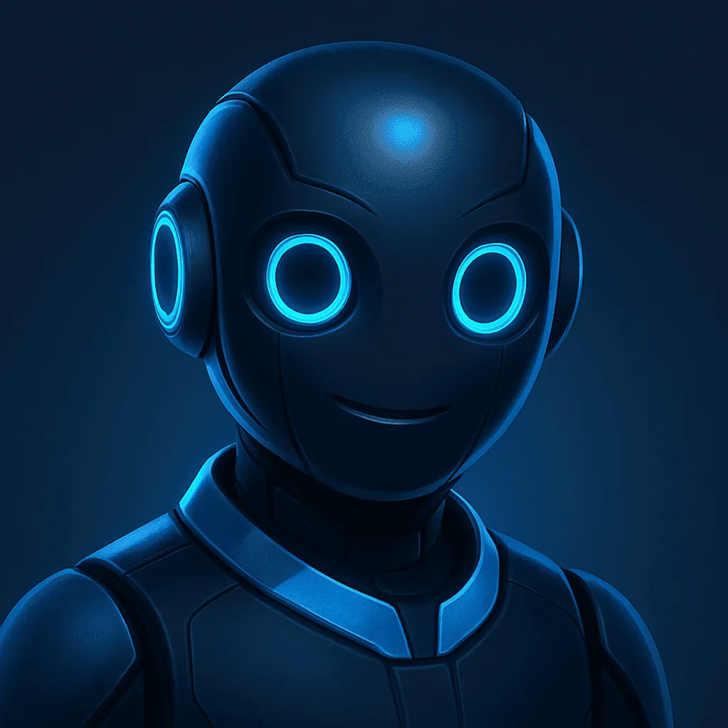 A friendly, glowing blue robot with circular LED eyes and a sleek design, representing a custom AI assistant or chatbot used in physiotherapy and chiropractic clinics. Embodies the approachable, always-on nature of FPM AI’s patient engagement systems.