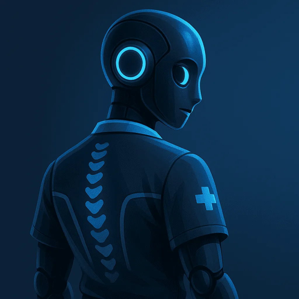 A sleek AI robot in a medical uniform featuring a stylized spine graphic on the back and a white cross on the sleeve. Symbolizes FPM AI’s focus on chiropractic automation systems that support spine-focused clinics with intelligent lead engagement and patient booking.