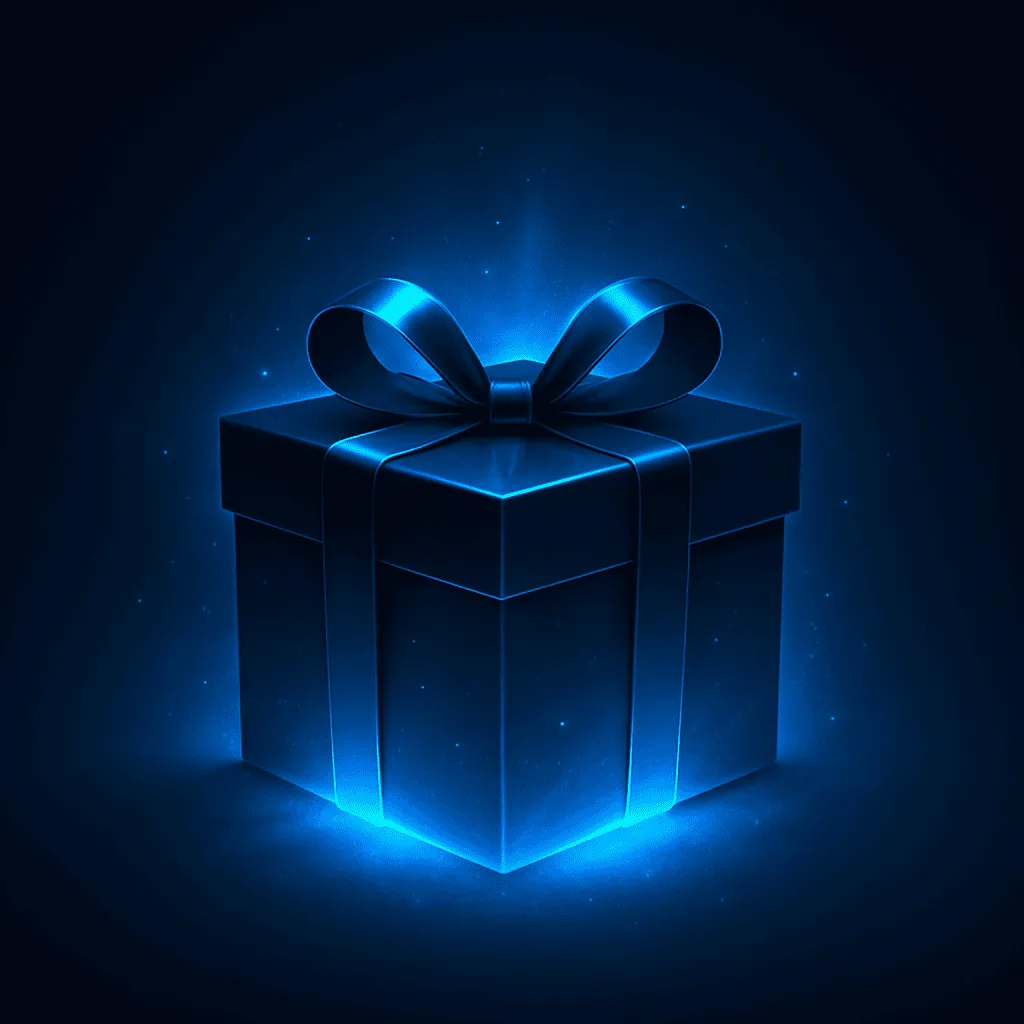 A glowing, blue radiant gift box symbolizing FPM AI offering visitors the free Starter Stack. The image evokes a sense of curiosity and value, prompting chiropractors and physiotherapists to claim their AI-powered automation gift.