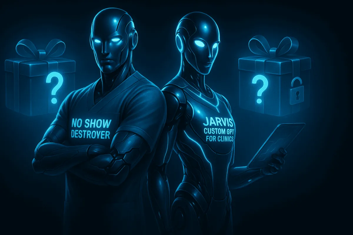 Two futuristic AI robots stand back-to-back in a neon blue glow. One wears a “No Show Destroyer” shirt with arms crossed, and the other labeled “JARVIS Custom GPT for Clinics” holds a tablet. Floating mystery gift boxes with question marks and lock icons suggest free clinic-specific AI tools or bonuses, representing FPM AI's automation stack for lead follow-up and patient engagement.