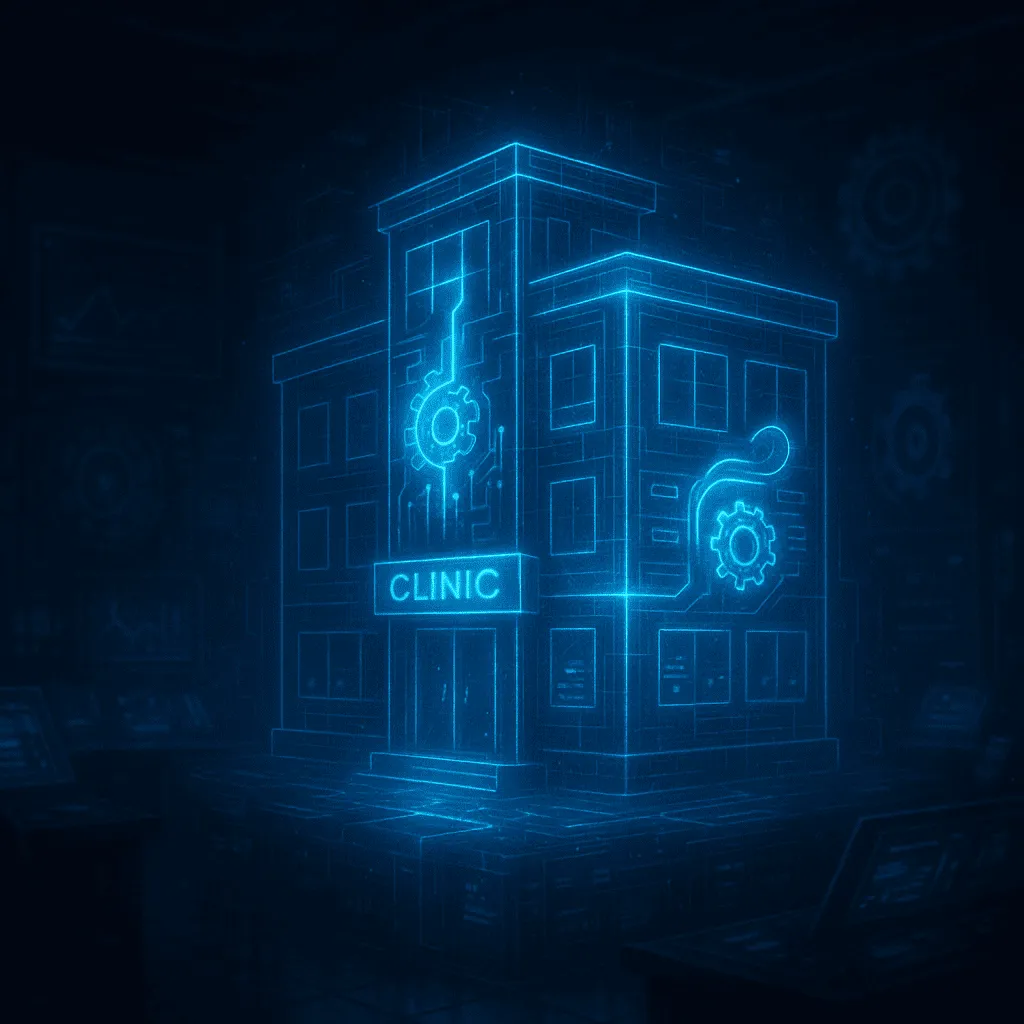 A glowing digital wireframe of a clinic building with embedded gears and circuitry, symbolizing a fully automated, AI-powered physiotherapy or chiropractic clinic. Represents FPM AI’s mission to transform traditional practices into systematized, tech-enabled growth machines.