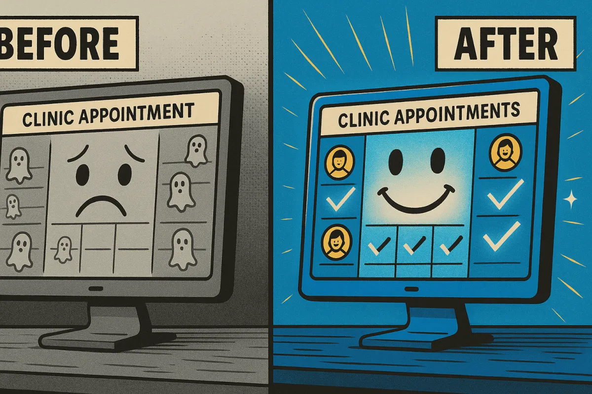 Side-by-side illustration of a clinic appointment screen before and after FPM AI automation. The “Before” screen shows a sad face surrounded by ghost icons, symbolizing no-shows, while the “After” screen shows a smiling face with patient avatars and checkmarks, representing booked and confirmed appointments through AI-powered systems.