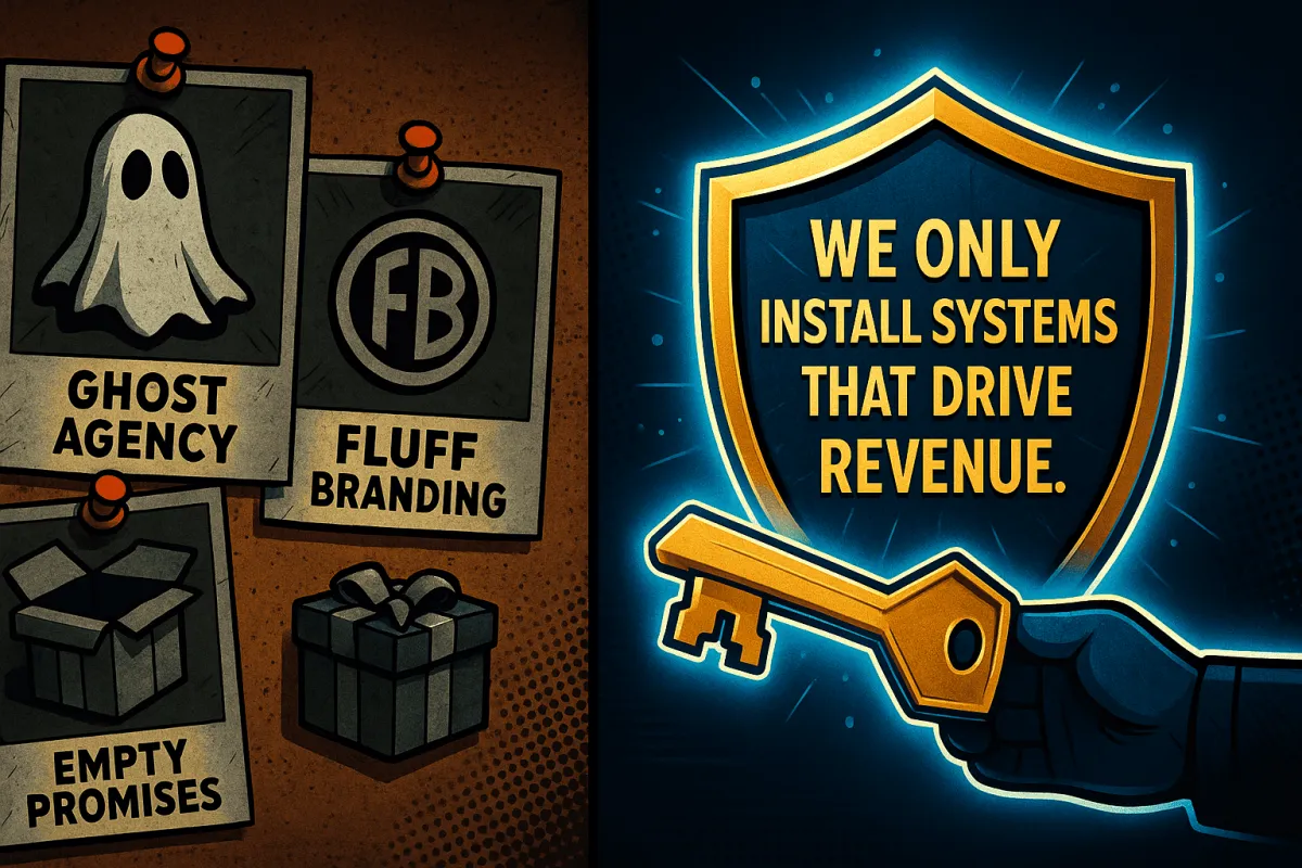 Split-panel graphic showing the contrast between unreliable marketing tactics and FPM AI’s promise. The left side shows pinned notes labeled “Ghost Agency,” “Fluff Branding,” and “Empty Promises.” The right side features a glowing gold shield that reads “We Only Install Systems That Drive Revenue,” held by a robotic hand offering a key, symbolizing trust and performance-based execution.