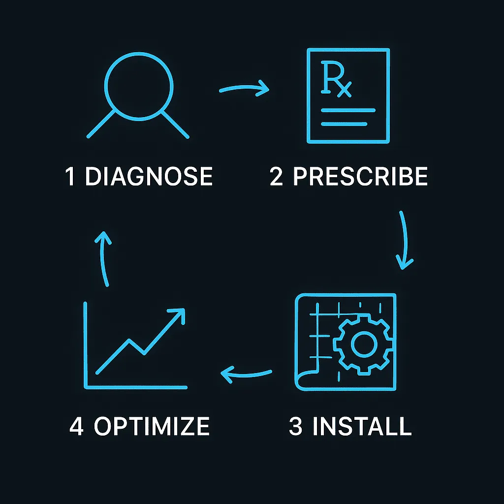 A four-step process diagram showing FPM AI’s core method: 1. Diagnose with a magnifying glass icon, 2. Prescribe with a prescription sheet icon, 3. Install with a blueprint and gear, and 4. Optimize with a performance graph. Illustrates how FPM AI engineers clinic growth through structured automation systems.
