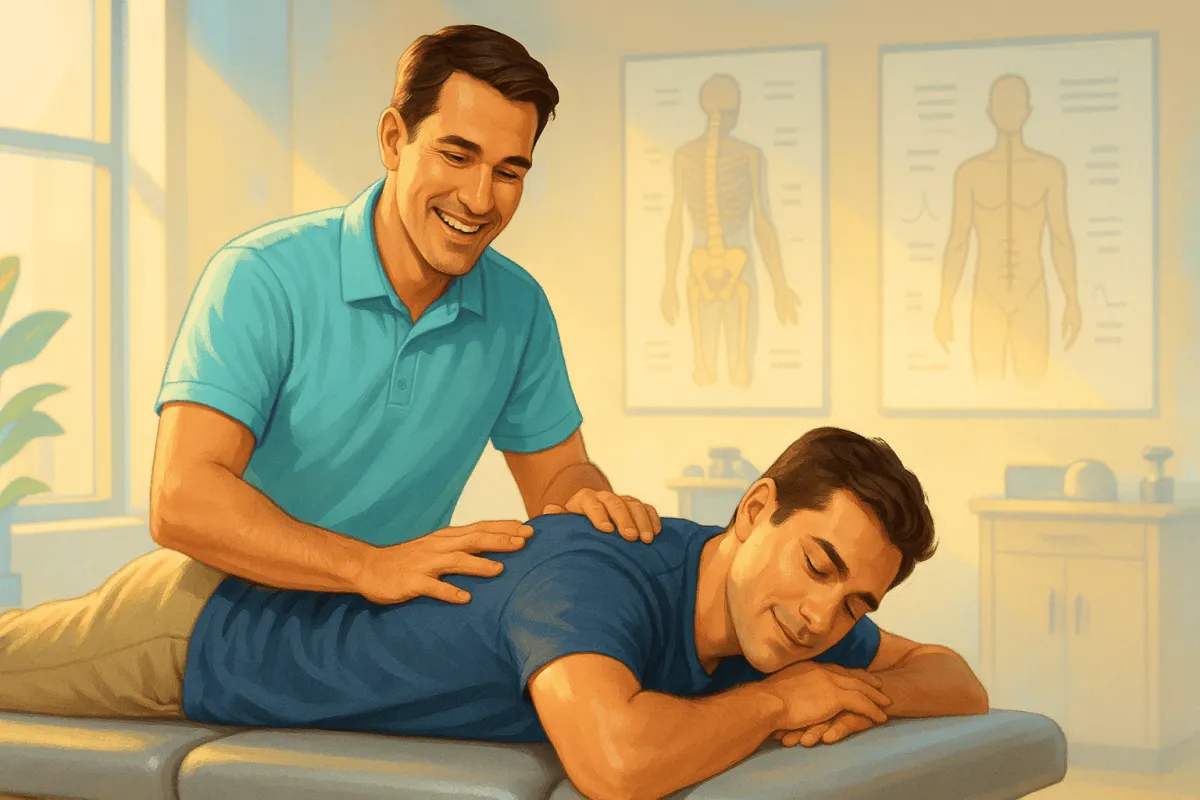 A smiling chiropractor provides treatment to a relaxed patient lying face down in a brightly lit clinic. The scene represents the positive outcome of using FPM AI systems—clinics filled with showing, satisfied patients and providers focused on care, not chasing leads.