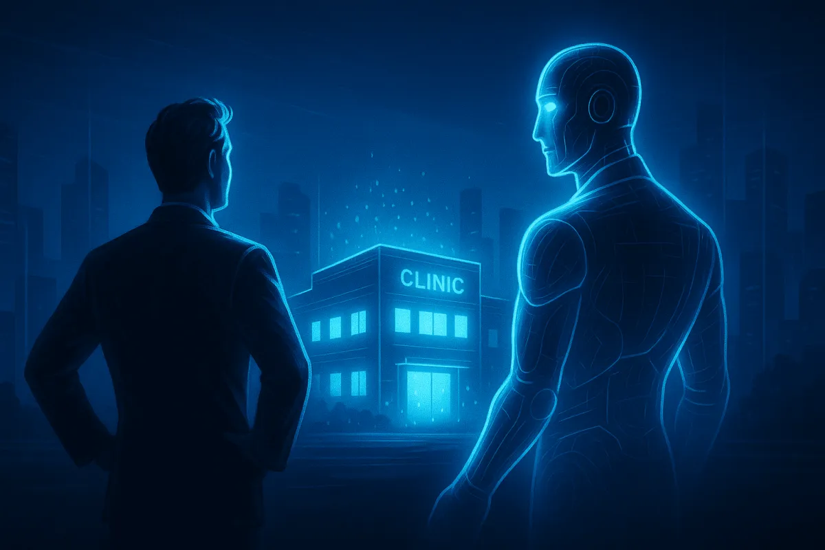 A clinic glows in the distance as a business owner stands beside a futuristic AI figure, both facing the building. Set against a digital cityscape, the image symbolizes a clinic's transformation through partnership with FPM AI — where human expertise and automation combine to create scalable, systematized patient flow.