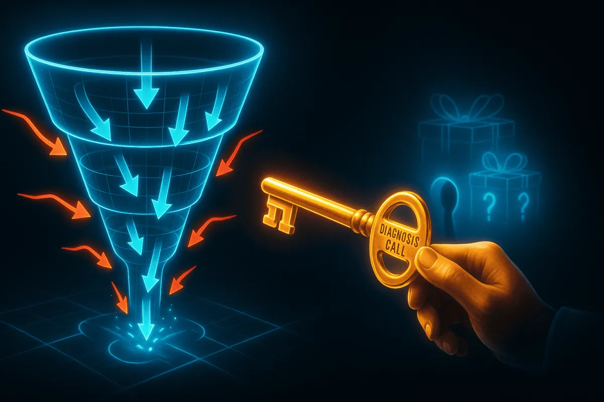 A glowing digital funnel channels blue arrows downward, symbolizing lead flow. A golden key labeled “Diagnosis Call” is held toward a keyhole, unlocking hidden gift boxes in the background. Represents how booking a business diagnosis call with FPM AI unlocks the Fit Profit Engine™ and exclusive bonus gifts for clinics.