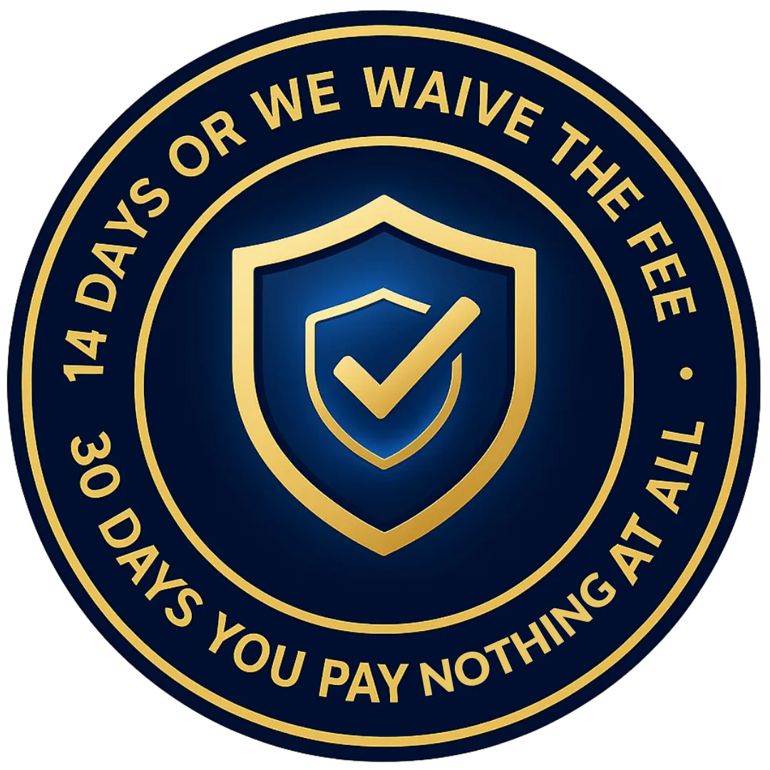A gold and navy badge with a shield and checkmark icon in the center. The outer ring reads “14 Days or We Waive the Fee” and “30 Days You Pay Nothing at All.” Conveys FPM AI’s risk-free guarantee for clinic owners exploring automation and revenue systems.