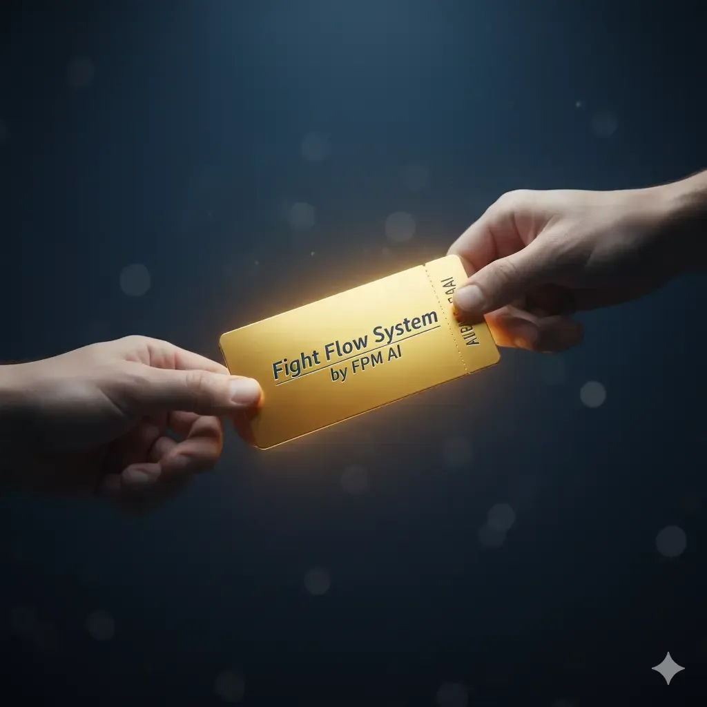 A clean, simple image showing one hand passing a shiny, glowing golden ticket to another hand. The ticket reads “Fight Flow System by FPM AI” in clear lettering, emphasizing exclusivity and value.
