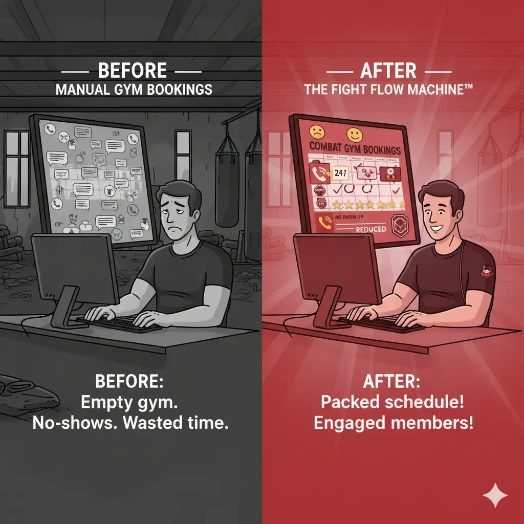 Split-panel illustration showing a gym owner before and after using FPM AI’s Fight Flow Machine. The left side shows a gloomy gym with manual booking chaos, a sad gym owner, and the text “Before: Empty gym. No-shows. Wasted time.” The right side is bright and organized, with the gym owner smiling at a screen displaying streamlined combat gym bookings, 5-star reviews, and engaged members, alongside the text “After: Packed schedule! Engaged members!”