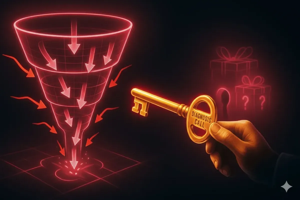 A glowing digital funnel channels blue arrows downward, symbolizing lead flow. A golden key labeled “Diagnosis Call” is held toward a keyhole, unlocking hidden gift boxes in the background. Represents how booking a business diagnosis call with FPM AI unlocks the fight flow™ and exclusive bonus gifts for combat gyms