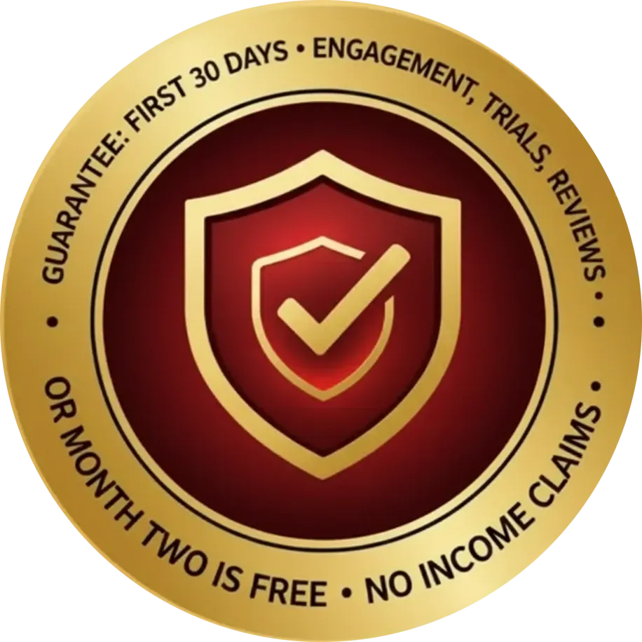 A gold and navy badge with a shield and checkmark icon in the center. The outer ring reads Just a simple operational guarantee:  If your system isn’t engaging leads, booking trials, or generating reviews within 30 days    → we work for free for the next 30.