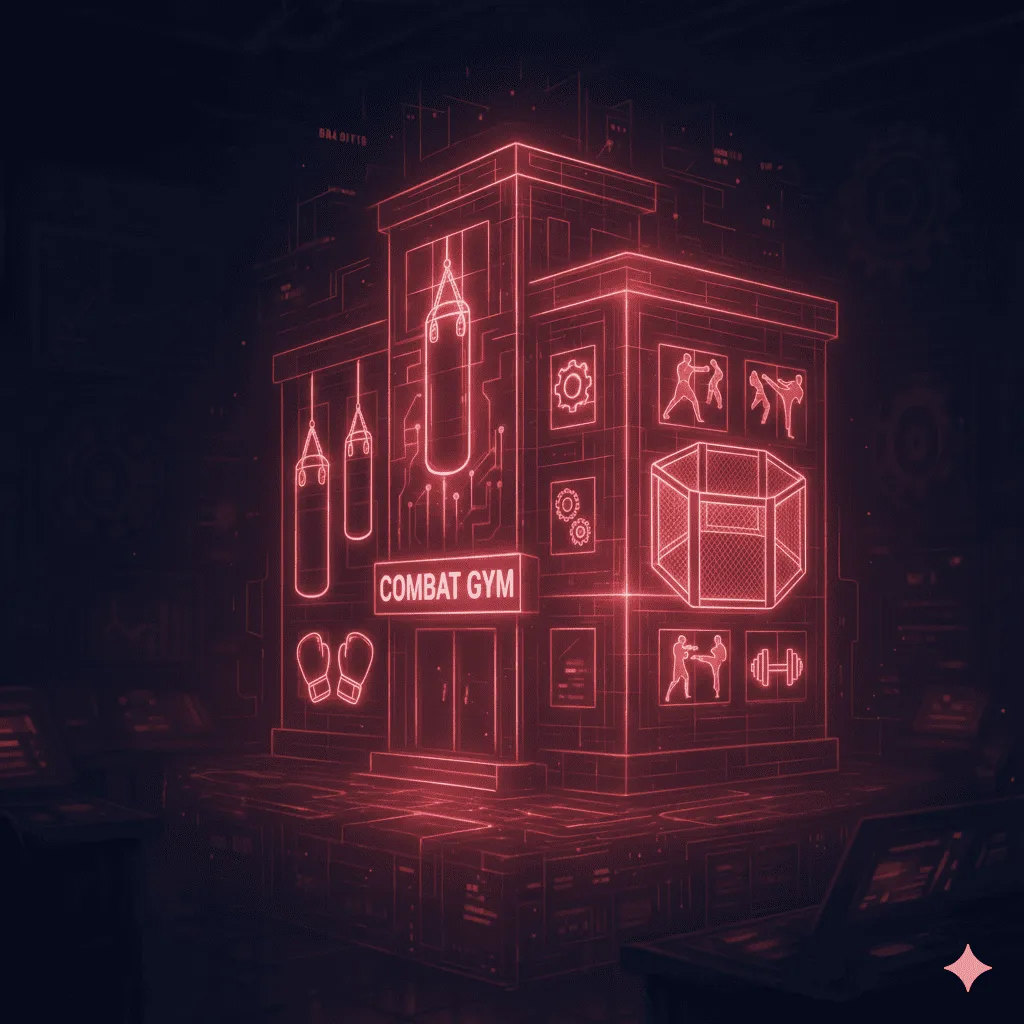 A glowing digital wireframe of a combat gym building with embedded gears and circuitry, symbolizing a fully automated, AI-powered combat gym. Represents FPM AI’s mission to transform traditional gyms into systematized, tech-enabled growth machines, martial arts studio