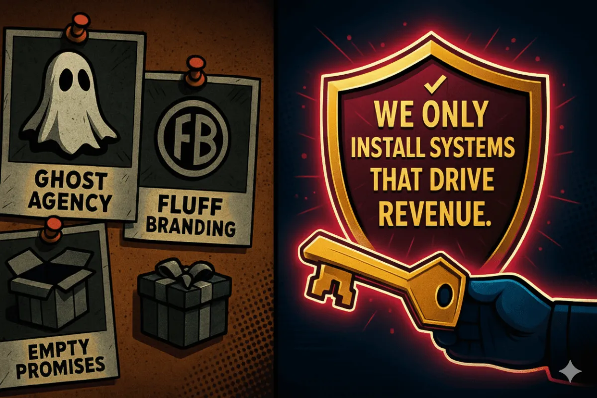 Split-panel graphic showing the contrast between unreliable marketing tactics and FPM AI’s promise. The left side shows pinned notes labeled “Ghost Agency,” “Fluff Branding,” and “Empty Promises.” The right side features a glowing gold shield that reads “We Only Install Systems That Drive Revenue,” held by a robotic hand offering a key, symbolizing trust and performance-based execution.