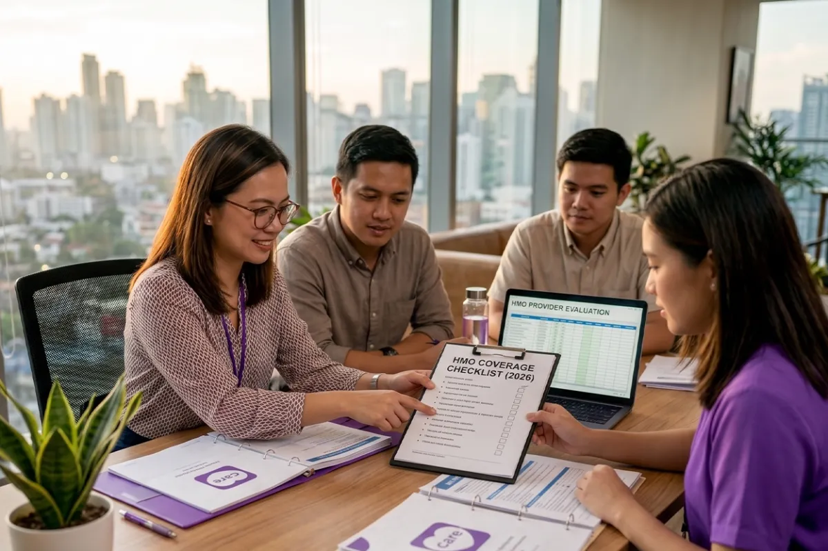 HR manager reviewing an HMO coverage checklist for SMEs in a modern office meeting to evaluate corporate benefits.