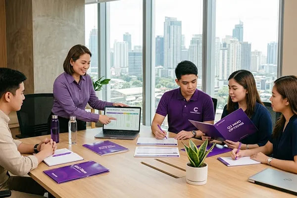 A team of HR professionals in a modern Manila high-rise office reviewing documents and comparing the best corporate HMO plans on a laptop to evaluate SME health benefits.