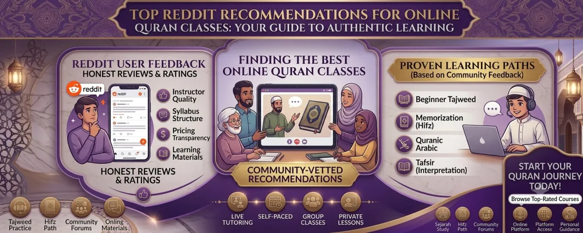 Top Reddit recommendations for online Quran classes website banner with student and teacher illustrations.