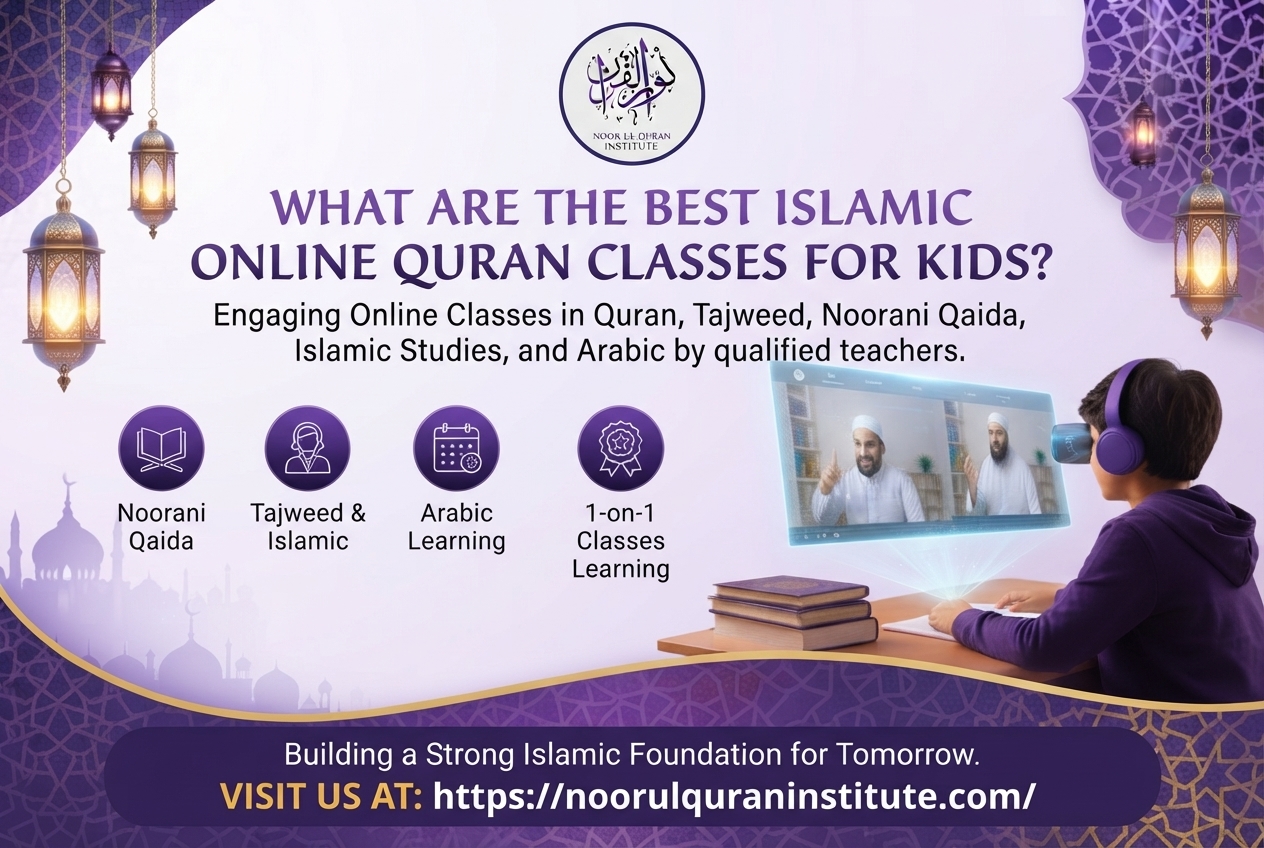 Children learning Islamic courses online, including Quran, Tajweed, and Arabic