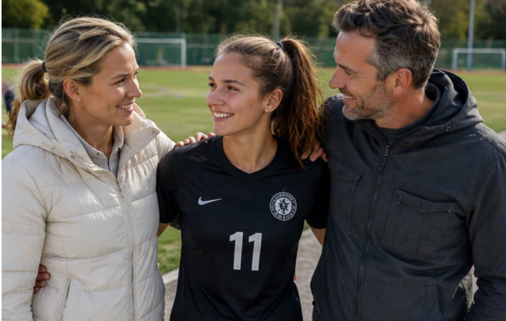 Eltern mit Tochter, Fussballerin im schwarzen Trikot mit der Nummer 11.