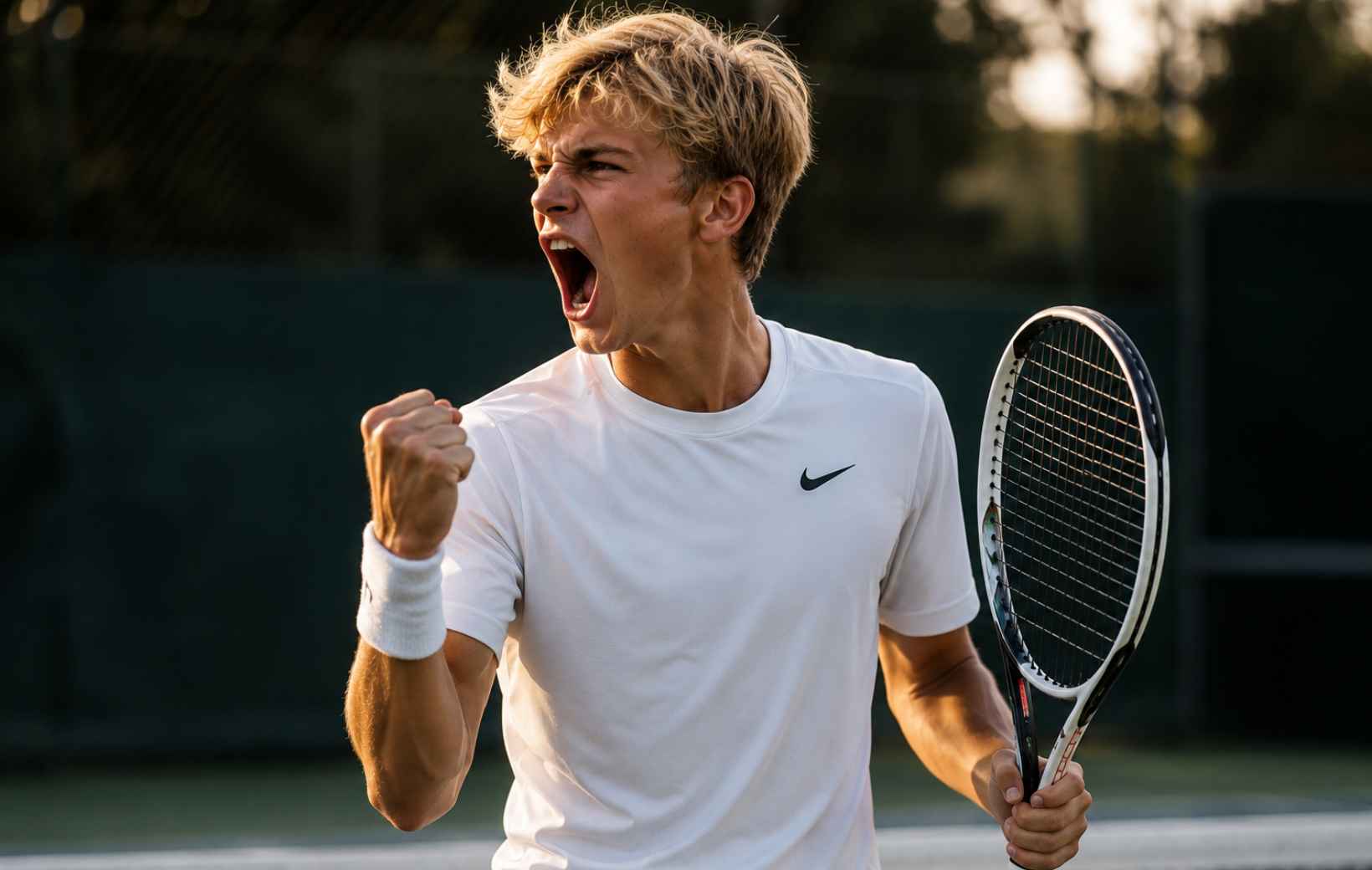 Jugendlicher Tennisspieler jubelt und balt die Faust, während er den Tennisschläger in der anderen Hand hält.
