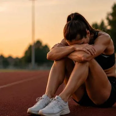 Junge Leichtathletin sitzt enttaeuscht auf Boden mit dem Kopf auf den Armen.