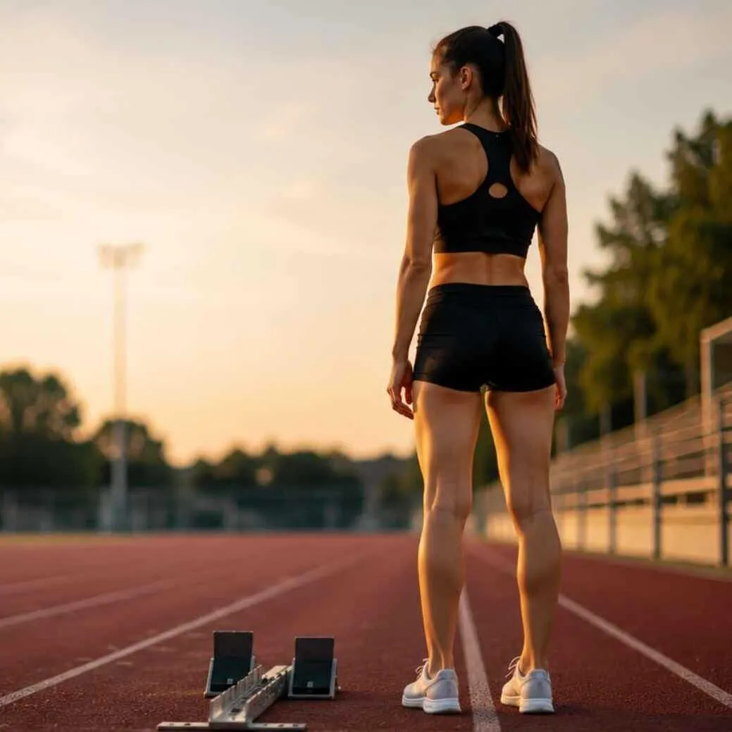 Leichtathletin steht vor dem Start neben ihrem Startblock und schaut in die Ferne.