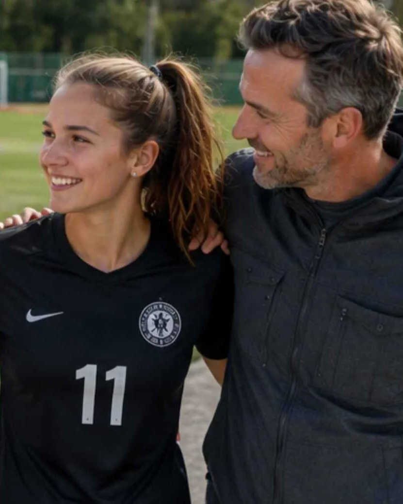 Vater und Tochter freuen sich gemeinsam. Sie ist Fußballerin und beide strahlen. 
