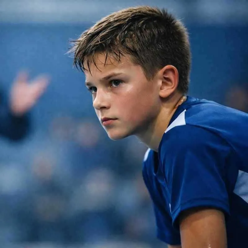 Jugendlicher Fussaller im blauen Trikot schaut zweifelnd. 