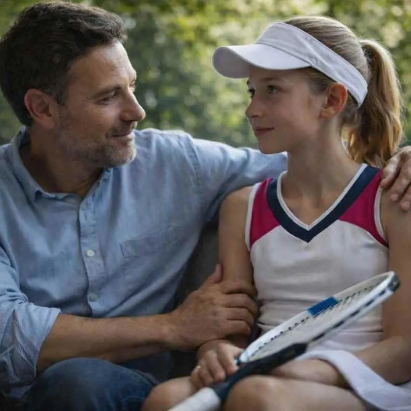 Vater sitzt neben seiner Tochter. Sie ist Tennisspielerin und trägt ein weiß-rotes Shirt und eine Schirmkape und hält ihren Schläger auf dem Schoss. 