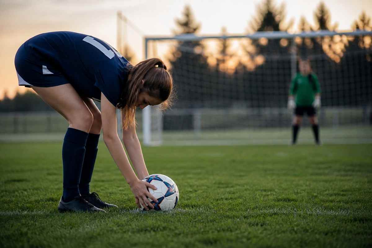 Jugendfussballering egt sich den Ball für einen Elfmeterschuss zurecht. Im Hintergrund steht die Torfrau im Tor. 