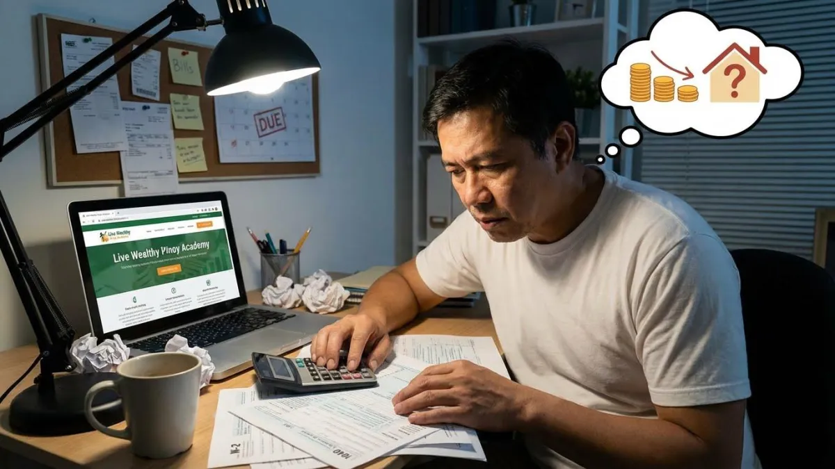 A small house bank with a coin and blank card.