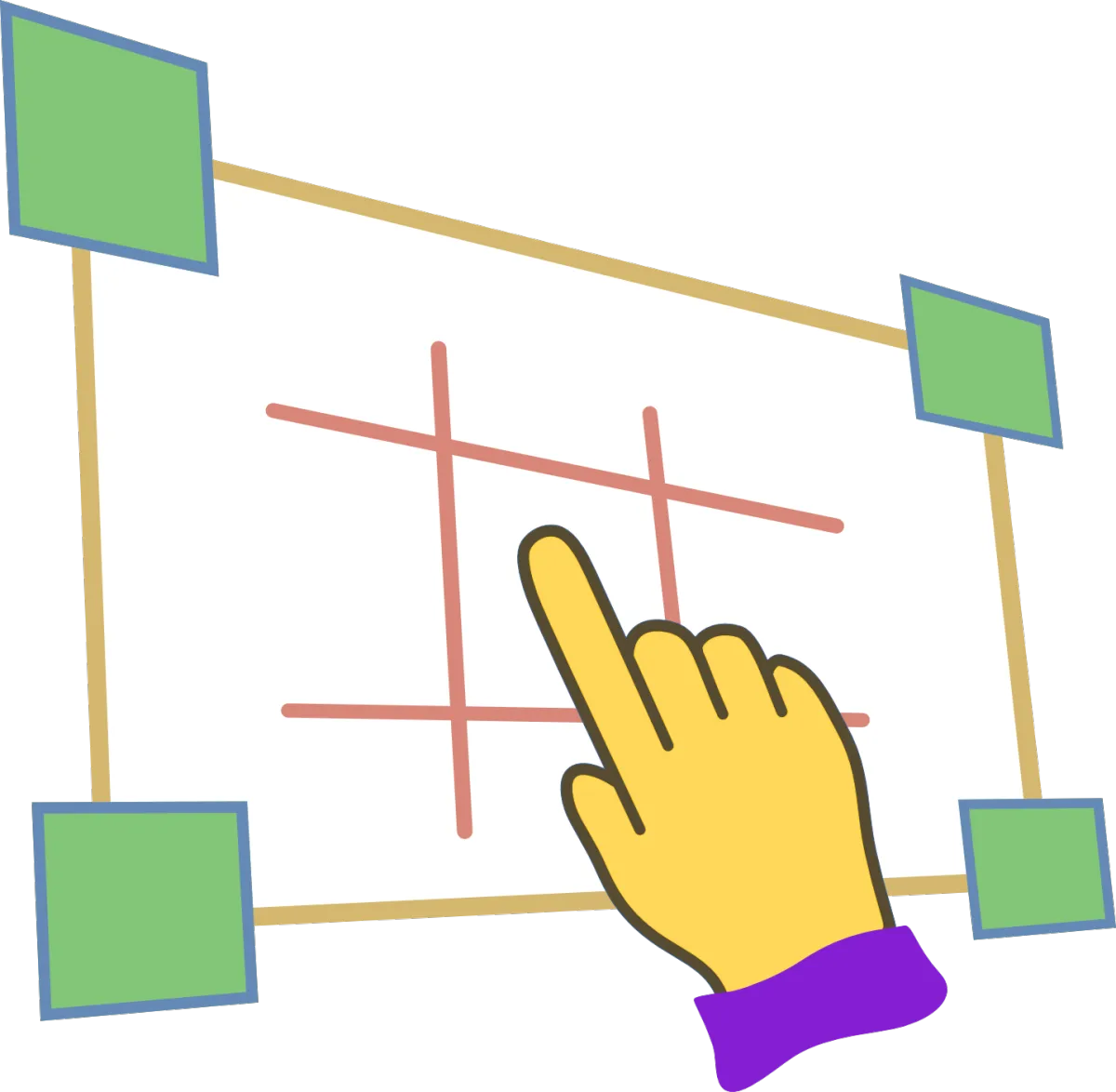 Grid and hand symbol representing the Calibrate phase of Character Compass