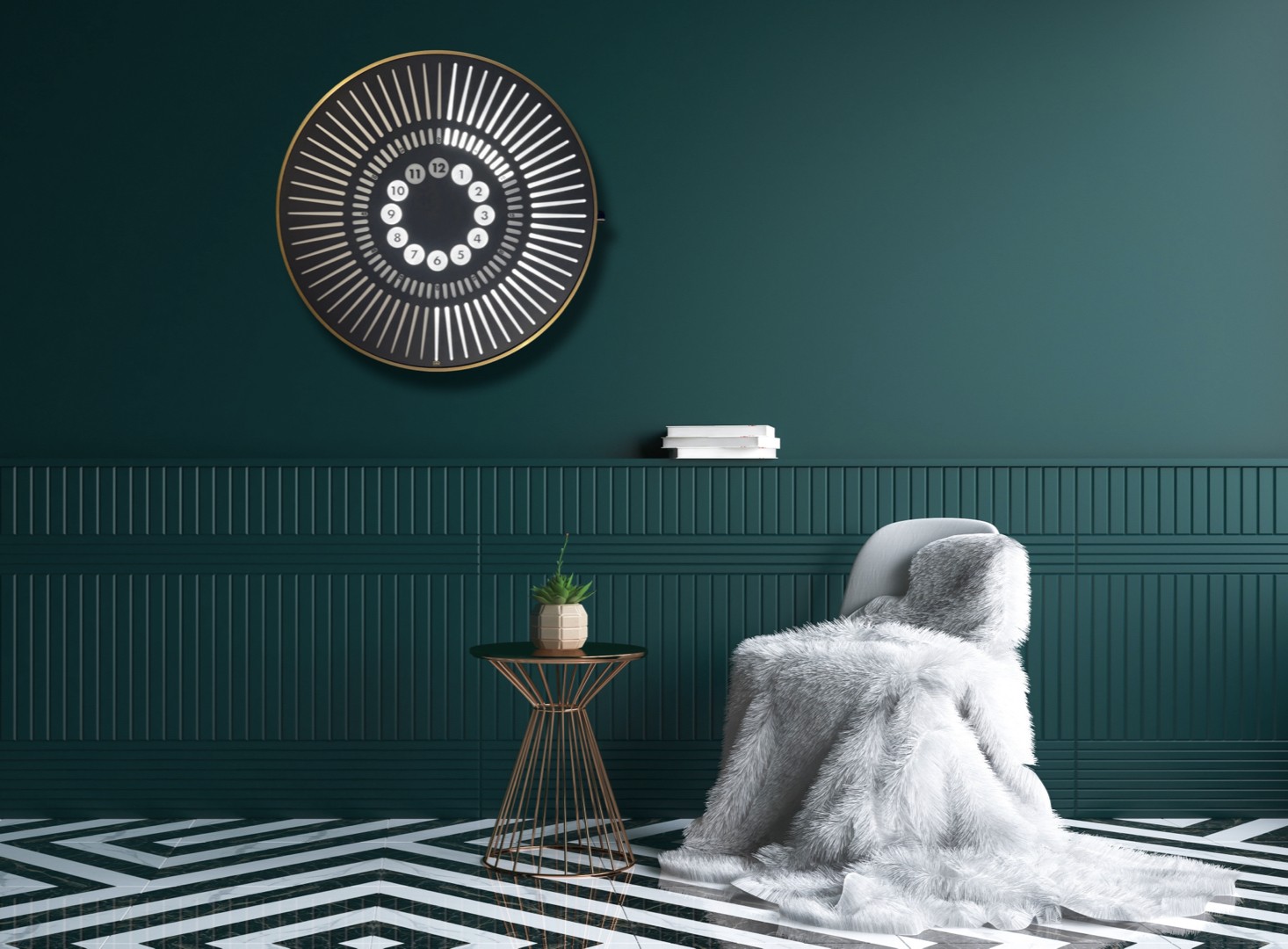 A Tempus clock on a teal wall in a living room