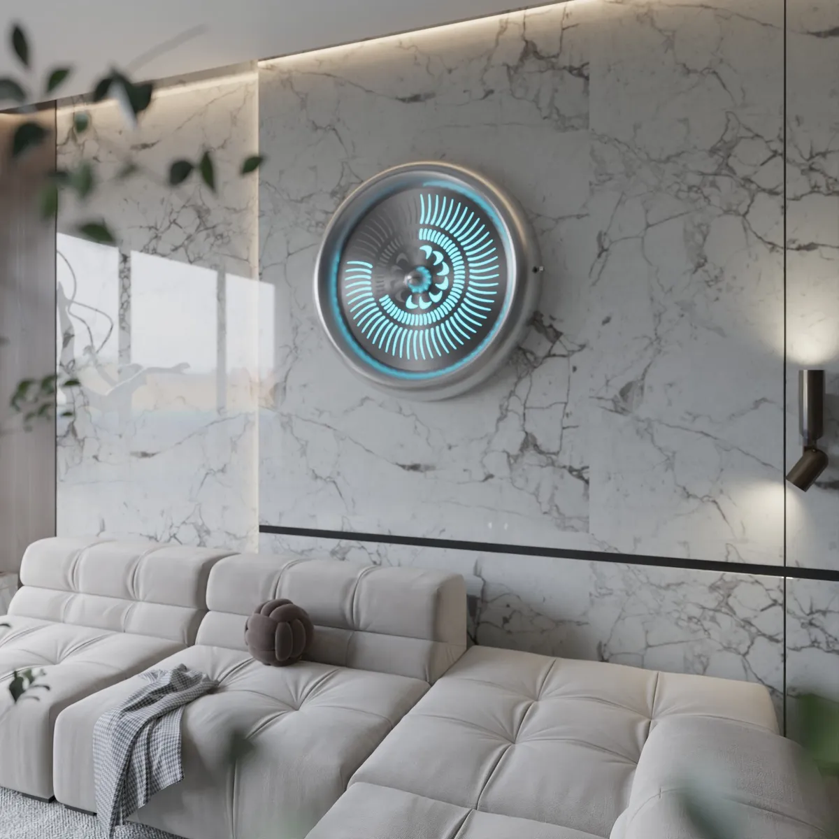Tempus on a marble wall above a sofa